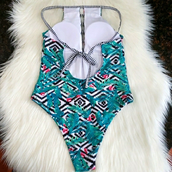 Tropical Leaves High Neck One Piece Swimsuit - Picture 5 of 8